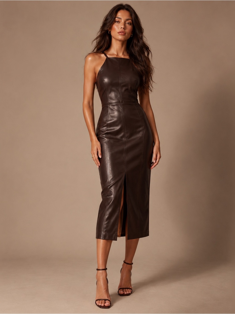 Sleeveless Faux Leather Midi Dress in Dark Brown